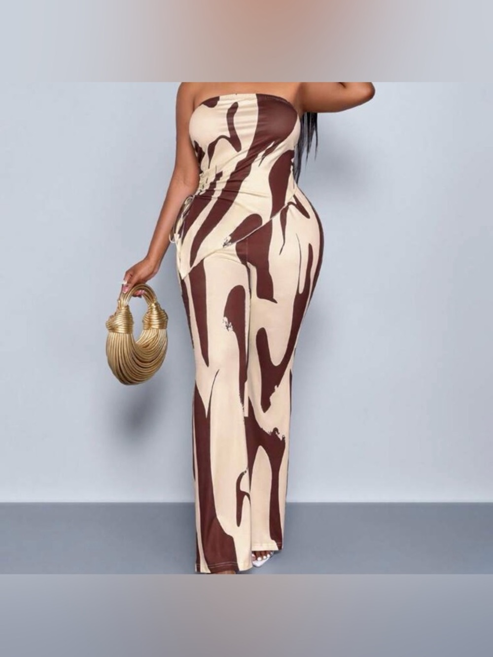 🆕 NEW Without Tags Strapless Brown & Cream Abstract Tube Top and Pant Set - 2XL